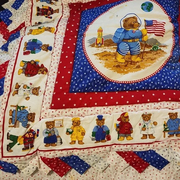 Vintage Cottage‎ Core Bear Baby Quilt 41x60 Red, Blue Handmade