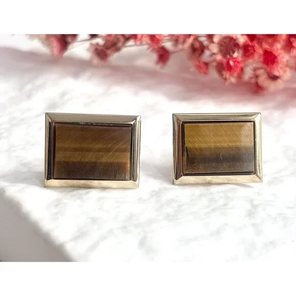 Faux Tiger's Eye Gold Toned Rectangular Vintage 80's Style Cuff Links