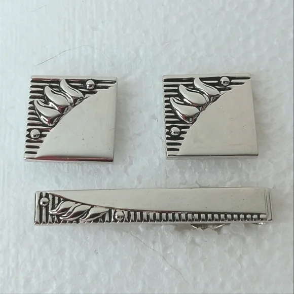 Silver Cufflinks and Tie Clip Set Vintage SWANK Sculpted Graphic Mid-Century
