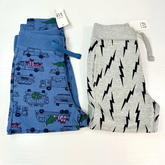 Bundled Lot of GAP Blue Truck Holiday and Gray Lightening Bolts Pull-On Joggers