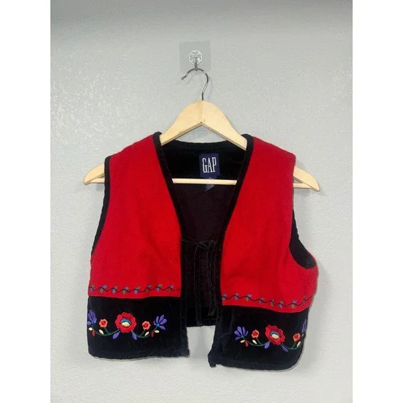 Vintage Gap Girls Floral Embroidered Wool Blend Vest Red Black XL Tie Front