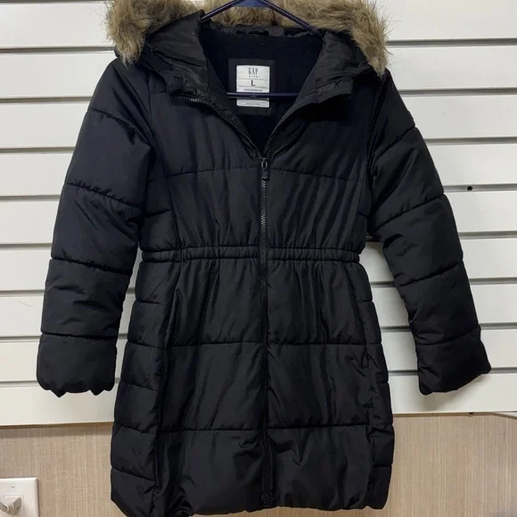 GAP Kids Black Puffer Cold Control Max Coat Faux Fur Trimmed Hood size large
