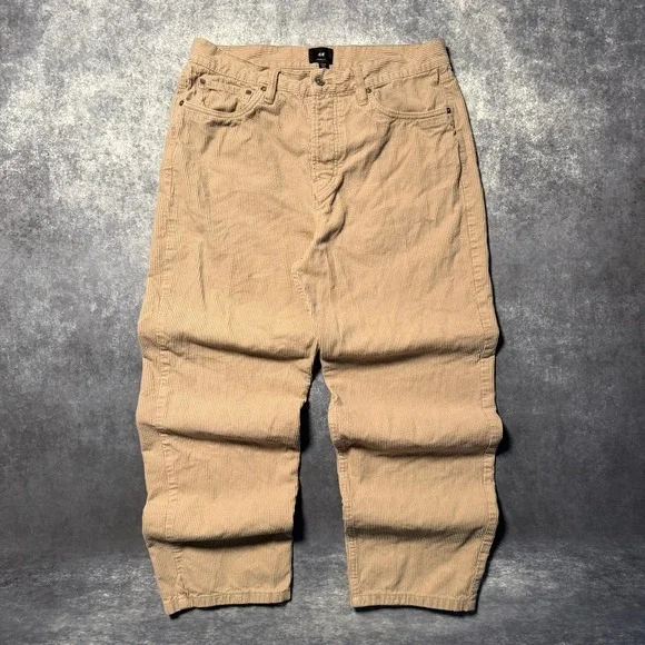 HM Mens Loose Fit Corduroy Pants Beige Tan Size 34 Wide Leg‎ Skate Baggy