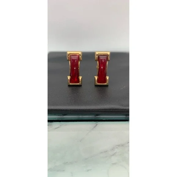 Vintage Foster Gold Tone Rectangle Cufflinks With Dark Red Cabochon Signed