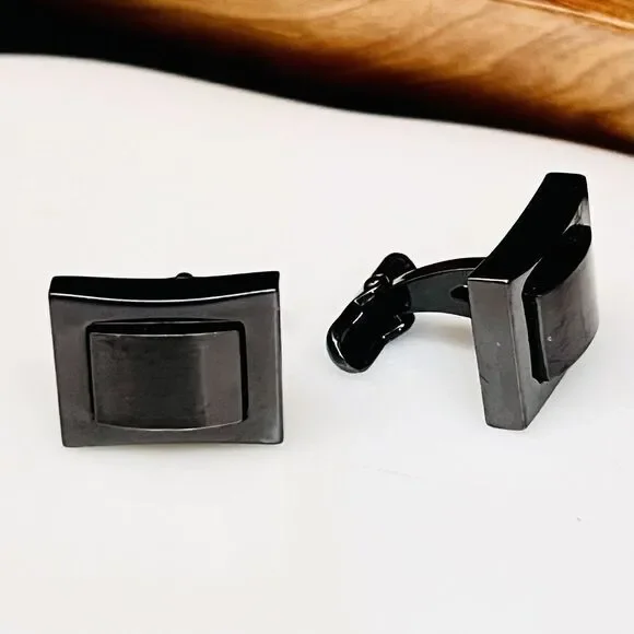 Roundtree & Yorke Cufflinks Gunmetal Black Whale Back Modern Rectangle 1190