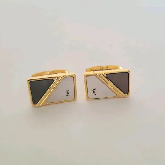 Yves Saint Laurent YSL Gold Pearl Tone Rectangle Cufflinks Designer Retro Whale