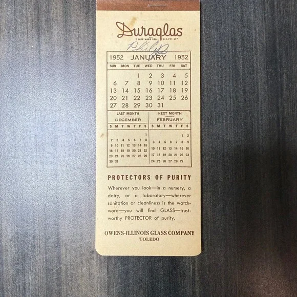 Duraglas 1952 Calendar Memo Pad‎ Vintage Recipe Card Collectible Toledo