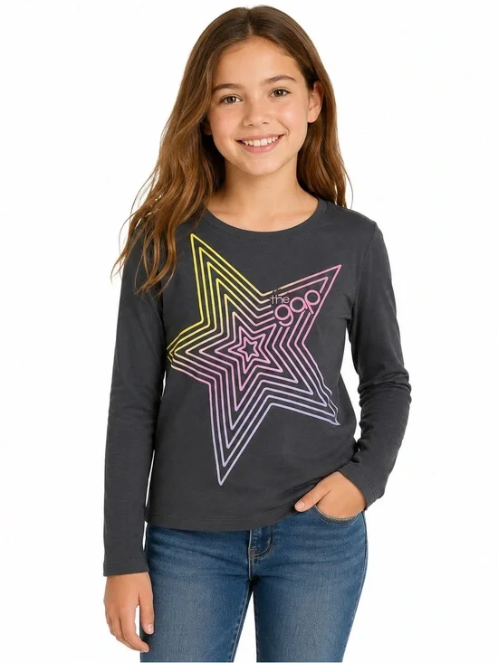 Gap Kids Girls L 10 Charcoal Gray Star Graphic Long Sleeve Tee NWT