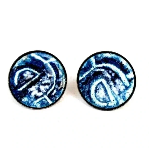 Vintage Gold Frame Retro Art Deco MCM Blue & White Men's Cuff Links