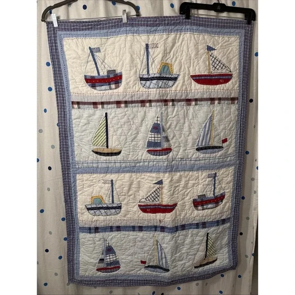 Pottery Barn Kids baby Quilt Sailboats Nautical Ocean Nursery 50
