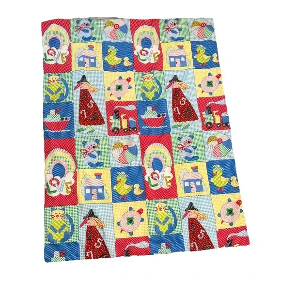 Vintage 70's Baby Child Quilt Blanket Primary Colors Train Kitten Ducks Turtle