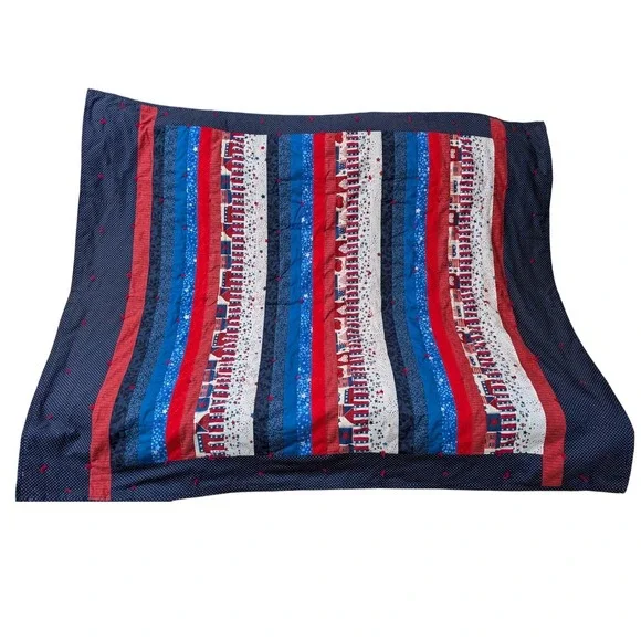 Handmade Patriotic Patchwork Quilt Red White Blue Stars Americana Lap Blanket