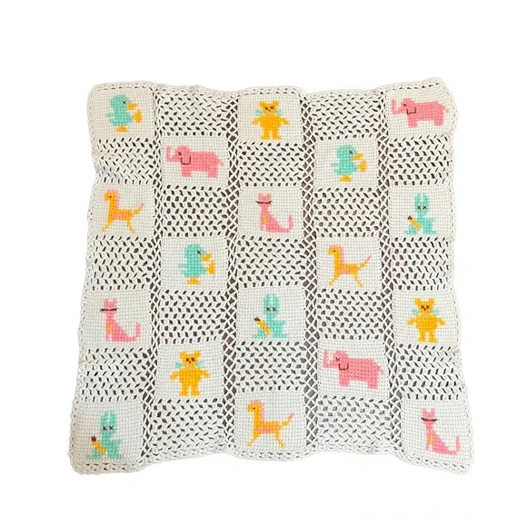 Vintage Knit Quilt Crochet Afghan Toddler Baby Animals 30” x 30” Blanket