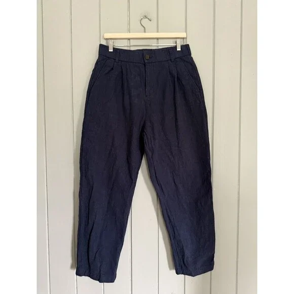 Red Tornado American Retro Work Pants 34 Blue Ramie Cotton Elastic Waist Pleated