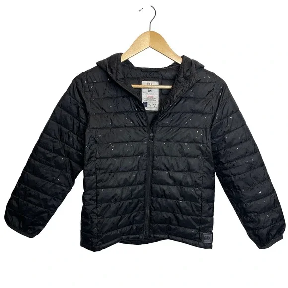 Gap Kids‎ Black Puffer Primaloft Jacket Star Print Hooded Zip Up Size M