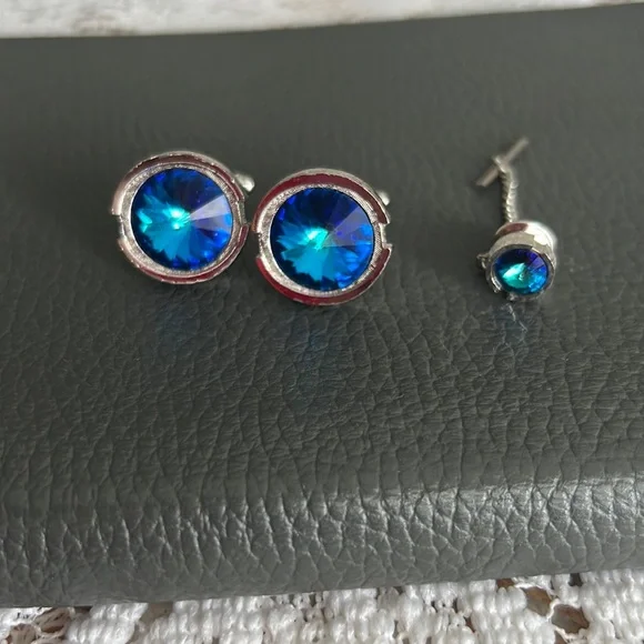 Vintage Dante ocean blue ravioli crystal cuff links & collar pin