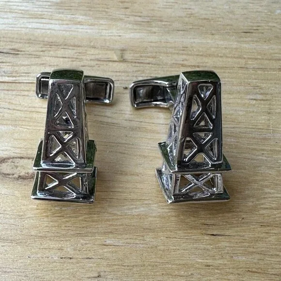 Ravi Ratan Signed Oil Drilling Rig Cufflinks 1 Inch Energy Sterling 16.1‎ Grams