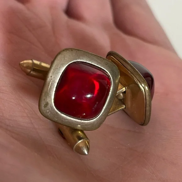 Vintage 1940’s Art Deco Gold plated Red Glass Cabochon Square Cufflinks MCM