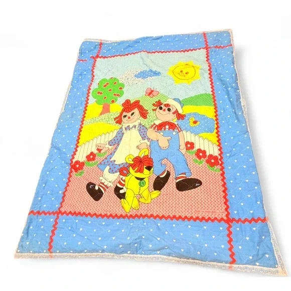 Vintage 1980 Raggedy Ann & Andy Baby Quilt Blanket 1980 Boss Merrill
