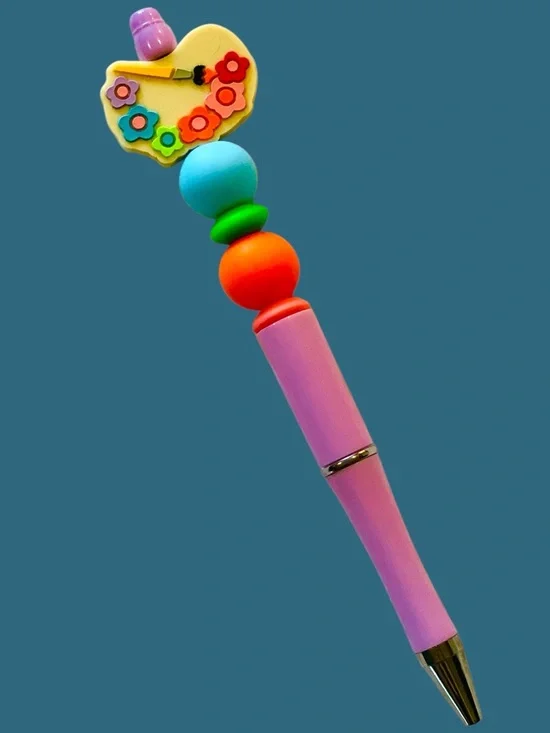 Pink Flower Art Palette Adult or kid’s Pen with Multicolor Beads. Soft to hold