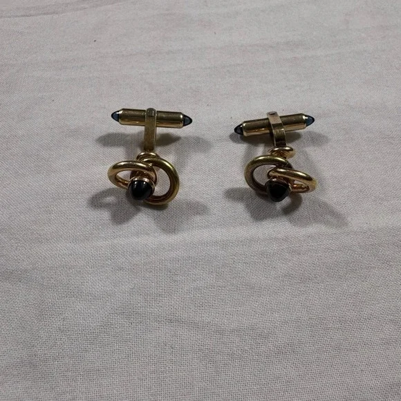 Krementz Gold Tone Black Onyx Swirl Cufflinks Mens Formal Wear Tuxedo