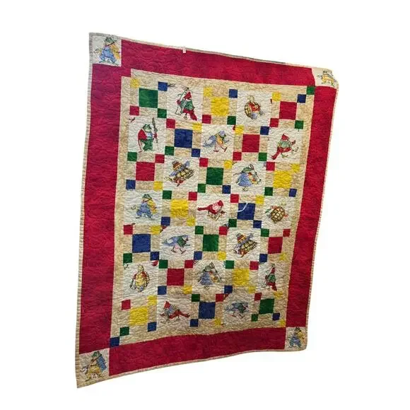 Vintage Handmade Colorful 42x33 Baby Quilt Blanket Frog Turtle Bird Color Block
