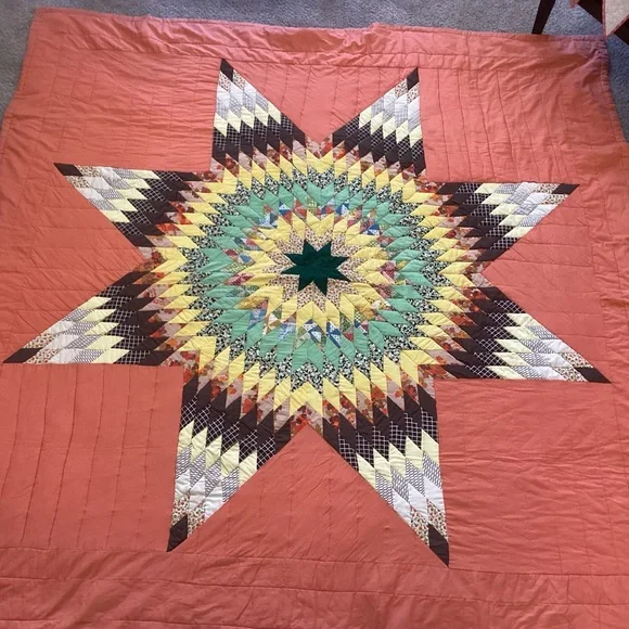 Vintage Lone Star Quilt Orange Brown Green 84”x90”