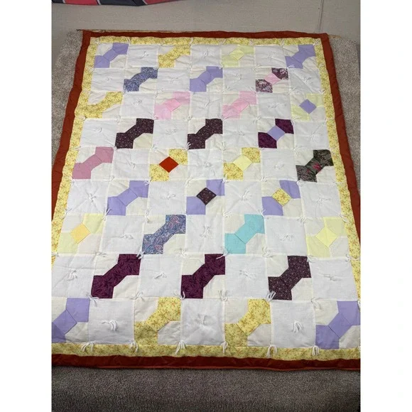Handmade Vintage Patchwork Tied Quilt Bow 51x41 Baby VTG Nursery Farmhouse Decor