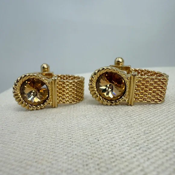 Vintage Swank Mesh Wrap Cufflinks Amber Crystal Rivoli Stone MCM Gold Tone