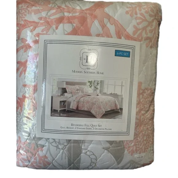 Reversible Full Quilt Set 6-Piece Coral Reef Coral and Gray NWT