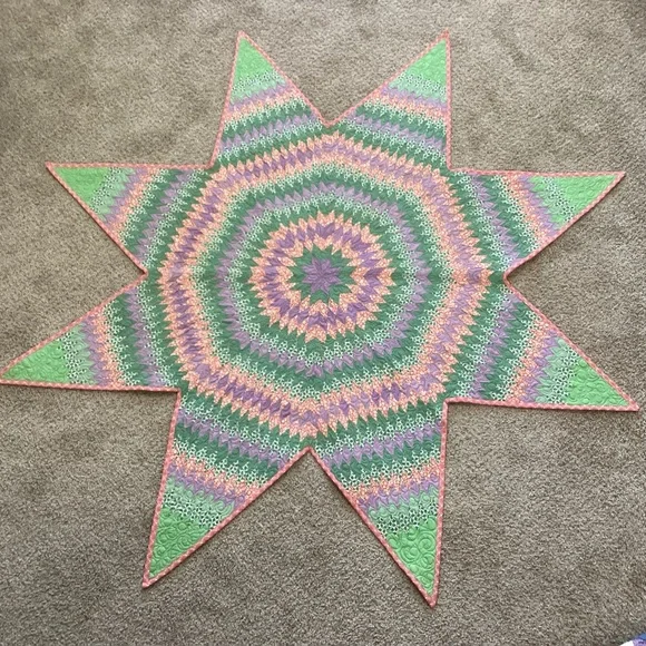 Quilted Star Machine Quilted Green Purple Orange 62” Across