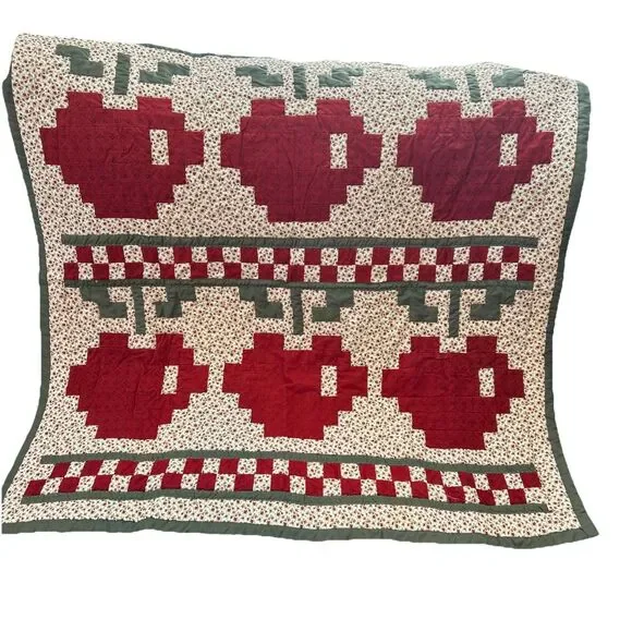 Homemade vintage Debbie Mumm Apple pattern patchwork quilt Cottagecore Decor