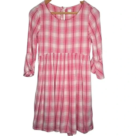 Gap Kids Plaid Babydoll Dress Girls XXL Pink White Bell Sleeve Zip Back