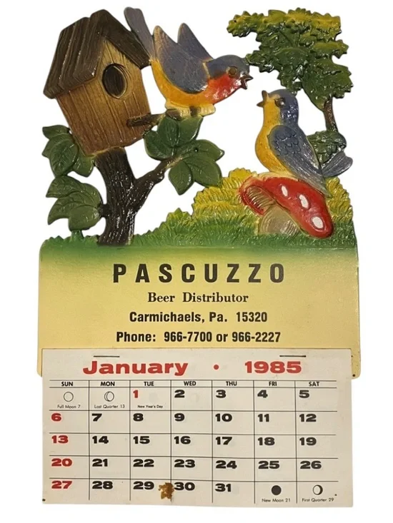 Vintage 1985 Birds Bird House Die Cut Calendar Advertising Pascuzzo Beer Distrib