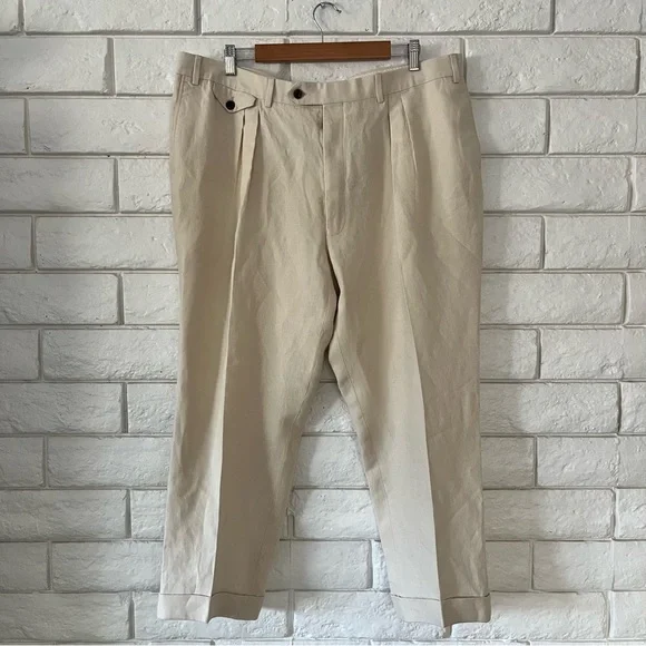 New & Lingwood Men’s Dress Slacks Trouser Cream Ivory Italian Linen Sz 42 Luxury