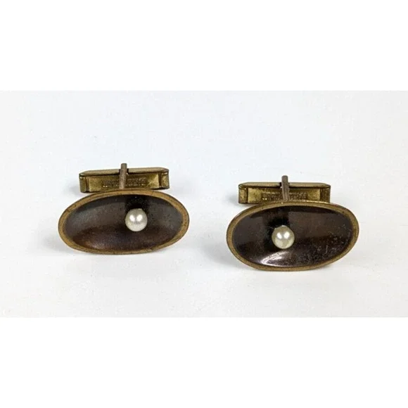 Vintage Brass Mid Century Modern MCM White Faux Pearl Oval Men's Cufflinks