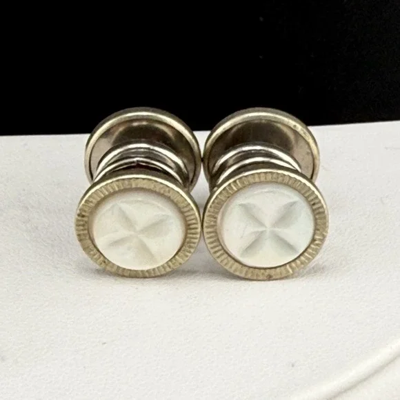 Vintage‎ Cufflinks Silver Tone Snap Mother of Pearl