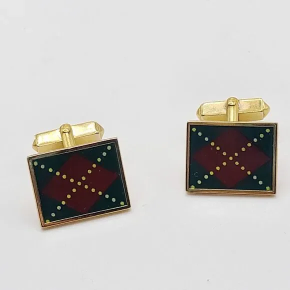 Swank Vintage Green Red Argyle Patterned Cufflinks Mens Signed Gold Tone Holiday