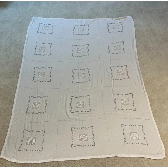 Vintage Baby Blocks Quilt Top Cross Stitch Embroidery 78x55 Large White Soft
