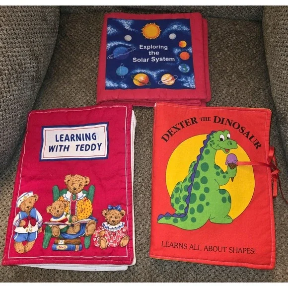 3 VTG fabric childrens books Learning w/Teddy DEXTER the DINOSAUR Solar System