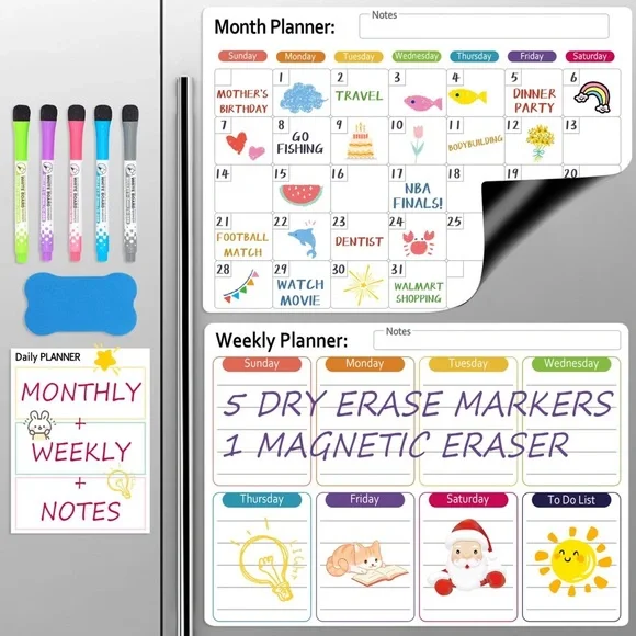 Dry Erase Calendar Magnetic Monthly Weekly Daily Whiteboard Organizer For Fridge