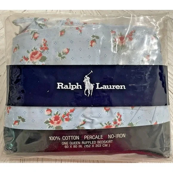 Vtg 80s NEW Ralph Lauren QUEEN Ruffled Bedskirt Calico Rose Blue NIP‎