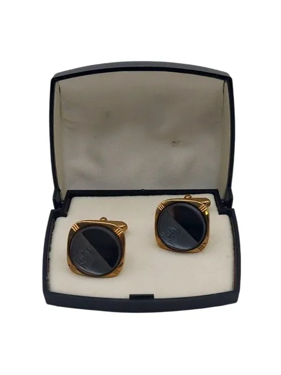 Vintage Intaglio Hematite Gold Tone Roman Soldier Cufflinks & Gift Storage Box