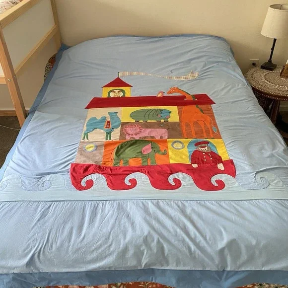 Vintage 60s Handmade Noah's Ark Coverlet Throw Applique Made By Grandma 80x62