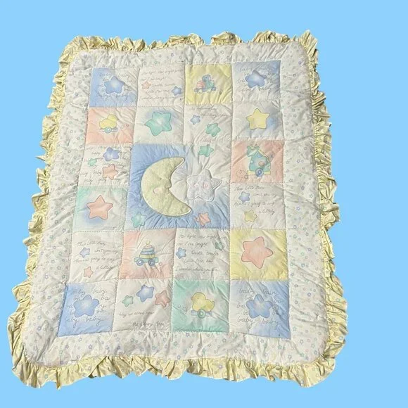 Vintage Geoffrey Toys R Us Baby Quilt Crib Comforter Moon Stars Yellow Blue 1995
