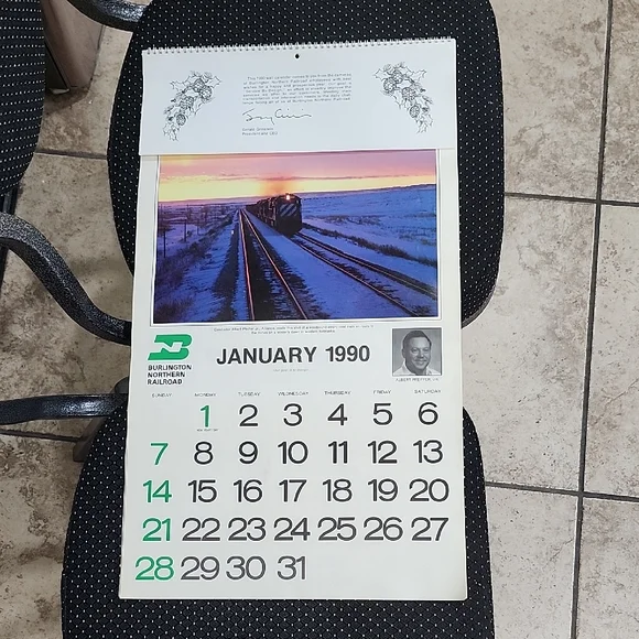 VINTAGE 1990 BURLINGTON NORTHERN RAILROAD 12-MONTH WALL CALENDAR