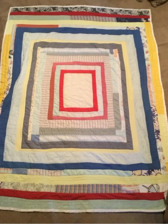 Handmade Multicolor Patchwork Quilt - Blue, Yellow, Red Accents