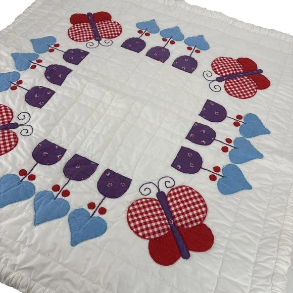 Vintage Handmade Butterfly & Flower Baby Blanket Quilt 39x39