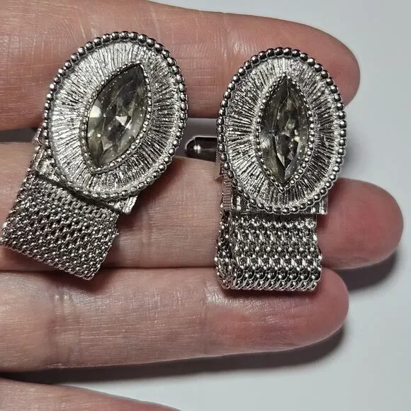 *Sale* Vintage Swank Clear Marquise Shape Rhine Wrap Mesh Silver Tone Cuff Links
