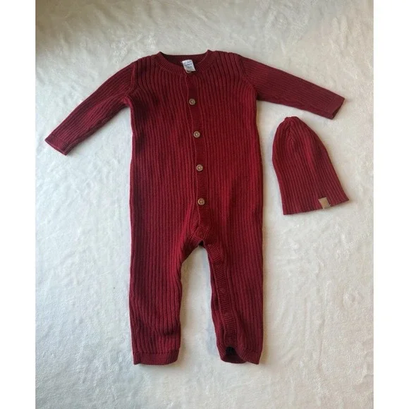 Carter's Baby Red Knit Coverall & Hat Set 12 Months Button Closure Long Sleeve